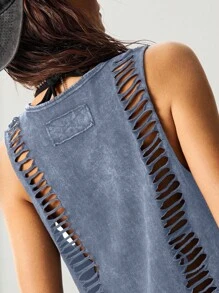 Bohemela Solid Color Knit Cropped Washed Women Tank Top Blue Top Women Distressed Top