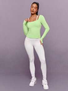 GLOWMODE FeatherFit™ Layer Player Mock 对比色肩带 臀长收腰长袖上衣 低冲击瑜伽普拉提 Barre 健身房工作室日常休闲装 - 綠色 - 查看 6