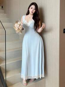 Vibekara 大码菱形领罗纹拼色盖袖连衣裙 - 藍色 - 查看 4