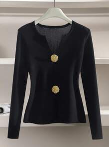 Franclia Metal Decor Notched Neck Fitted Knit Sweater Knit Pullover Fall Winter - Black - View 2