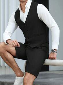 Calvornis Men's V-Neck Sleeveless Button-Down Vest And Slim-Fit Dress Shorts Set - Black - View 5