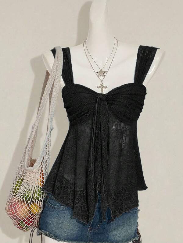 Sweetina 2025 Nuevo Verano Dulce Vacaciones Fiesta Reunión Regreso a la Escuela Temporada Mujeres Asimétrico unicolor Transparente Encaje Dobladillo Camiseta sin Mangas