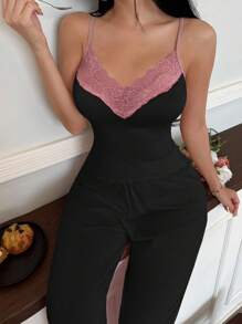 SHEIN 女士睡衣套装（含蕾丝花边吊带背心和裤子） - 黑色 - 查看 6