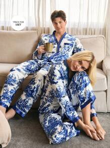 SHEIN 缎面口袋长袖上衣和长裤男士睡衣套装舒适优雅细节，秋季服装 - 藍白色 - 查看 6