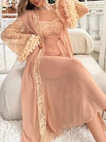 SHEIN 重磅刺绣花卉网眼拼接吊带长裙，带睡袍，女士睡衣套装