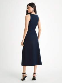 Daynim 女式休闲镂空挂脖开衩牛仔连衣裙，夏季 - 深色水洗藍 - 查看 2