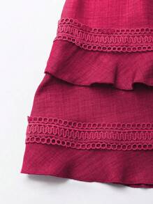 Breezaya 女式夏季纯色蕾丝V领泡泡袖休闲连衣裙