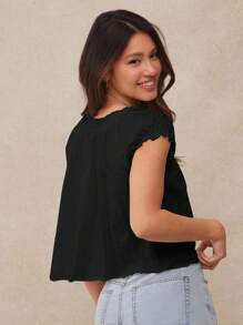 WESTFADE 竹节针织褶饰甜心领短款泡泡袖蝴蝶结前摆上衣女式休闲可爱夏季度假上衣 - 黑色 - 查看 2