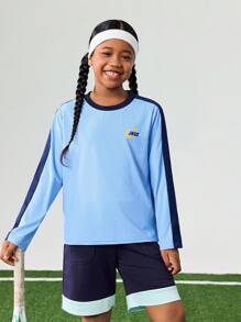 JNSQ 返校服，青少年女孩和男孩服装，运动服，女孩和男孩专业运动长袖 T 恤，秋季儿童圆领撞色趣味字母图案印花长袖 T 恤