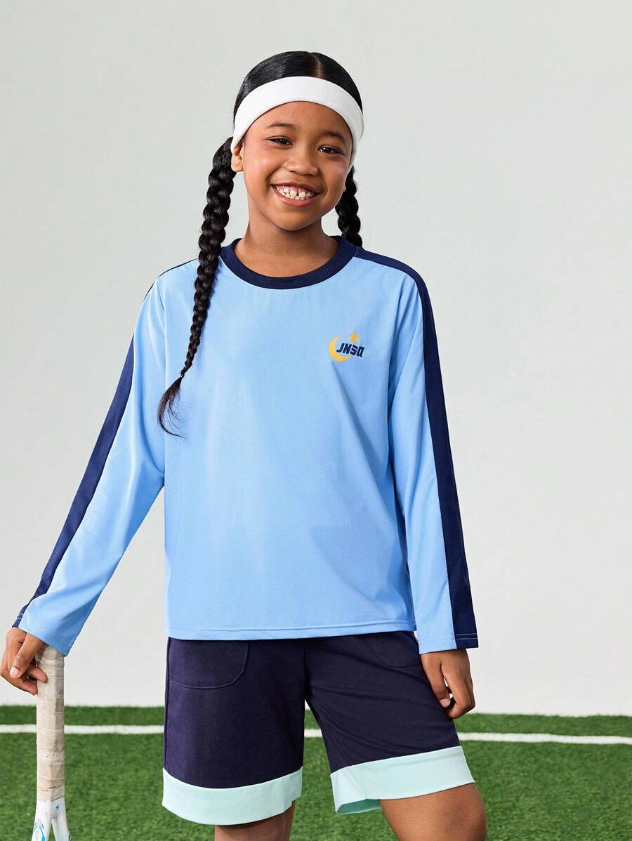 JNSQ 返校服，青少年女孩和男孩服装，运动服，女孩和男孩专业运动长袖 T 恤，秋季儿童圆领撞色趣味字母图案印花长袖 T 恤