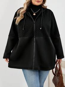 SHEIN CURVE+ Plus Size Women's Black Casual Hooded Long Sleeve Jacket, Autumn Outerwearfall Clothes For Women,Winter,CURVE PLUS/Autumn /Winter - Black - View 5