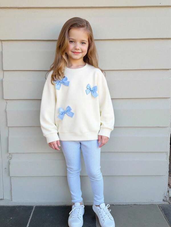 Playful Pals 2pcs/Set Young Girl' Casual Apricot Pullover Sweatshirt And Ribbed Leggings Set, Suitable For Autumn/Winter Wear, Daily, Party And Photo Shoot