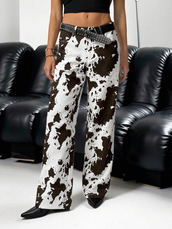 SHEIN Tall Women Casual Cow Print Straight Leg Pants