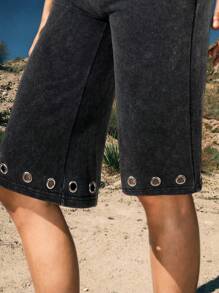 Easelle Quần short ôm sát cạp thấp màu đen kiểu retro thường ngày, họa tiết vảy tuyết, trang trí kim loại, dành cho nữ. - màu đen - Xem 6
