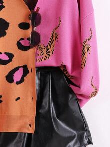 SHEIN PETITE 虎纹针织V领宽松短款开衫 - 玫紅色 - 查看 3