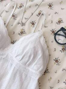 少女粉色蕾丝吊带背心，优雅纯色蕾丝花边吊带背心，适合夏季、度假、休闲、居家、BM 风格 - 白色 - 查看 4