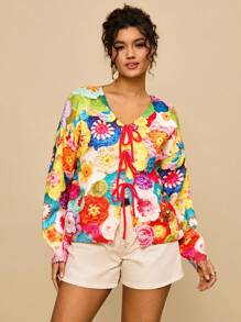 SHEIN VCAY Cardigan à imprimé floral avec nœud, vêtements de style décontracté pour la saison automne-hiver, idéal pour les femmes en tailles plus