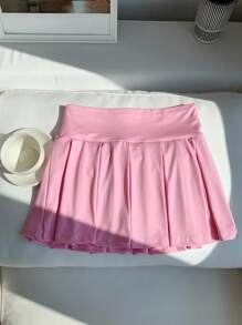 Comfortcana Váy mini xếp ly thể thao dễ thương đan màu hồng giản dị mùa hè cho nữ - Hồng - Xem 2