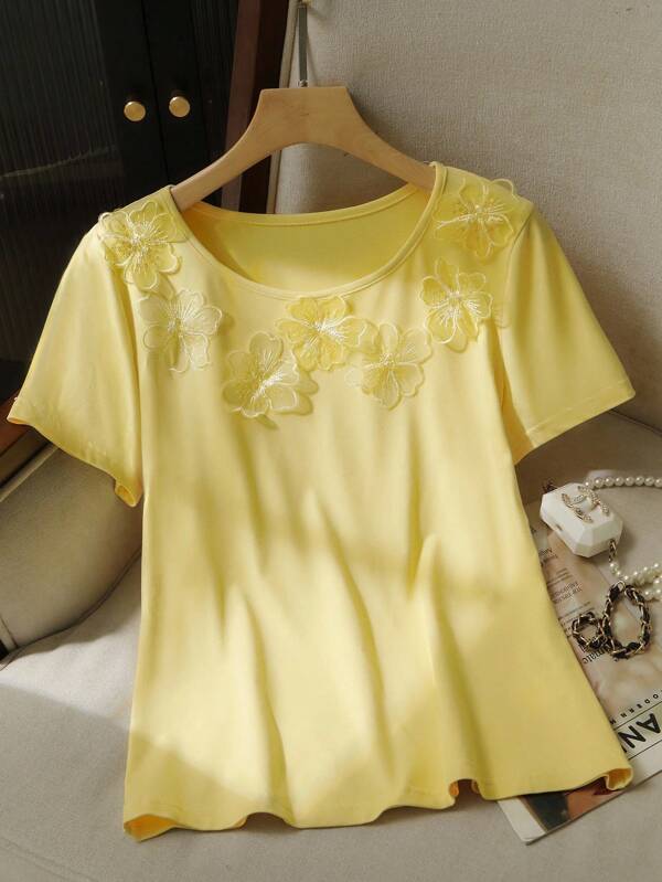 Modelyn Elegant 3D Floral Decor Solid Color T-Shirt, Summer