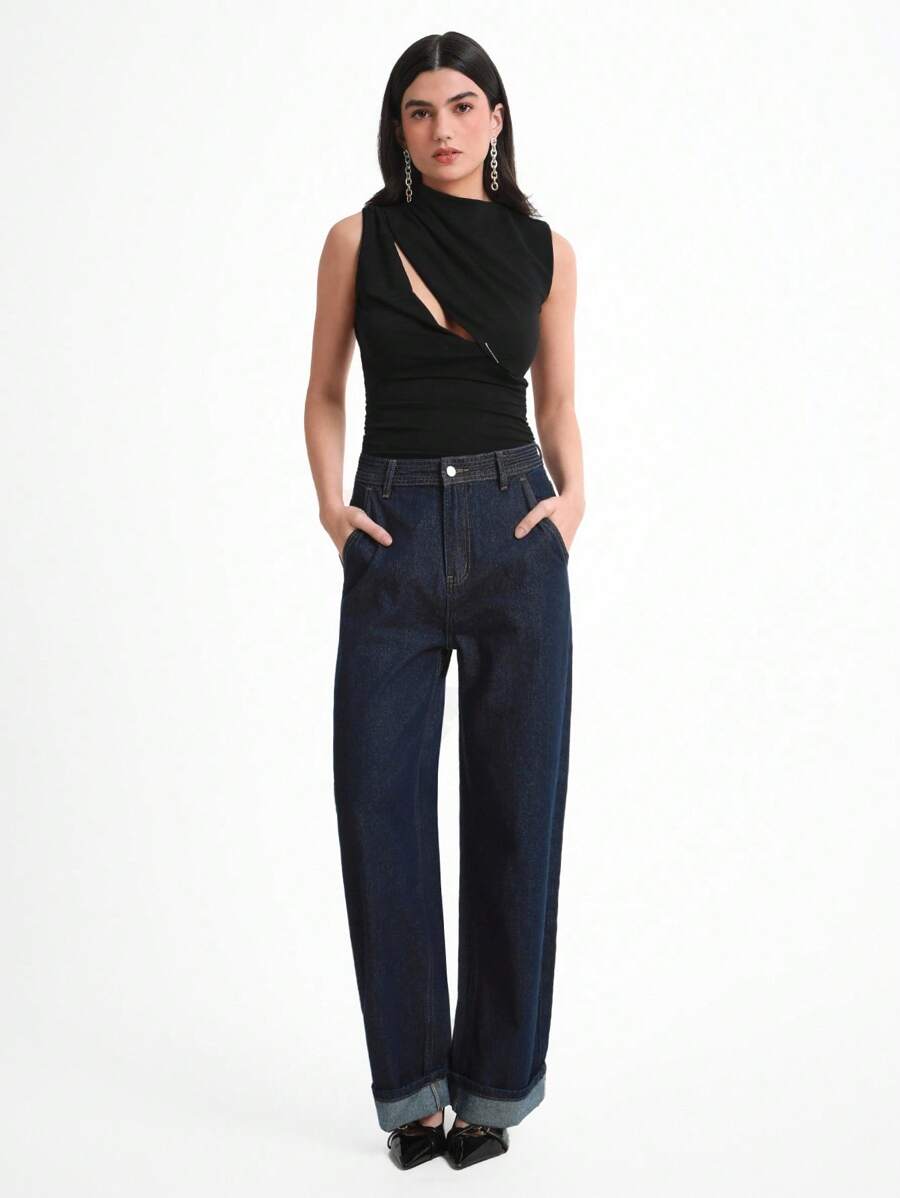 Daynim 女士休闲通勤斜口袋直筒牛仔裤阔腿牛仔裤喇叭牛仔裤女式牛仔裤喇叭裤高腰牛仔裤 - 深色水洗藍 - 查看 1