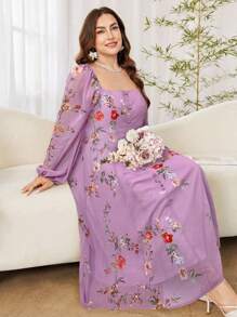 Modelyn Váy maxi voan họa tiết hoa cổ vuông tay bồng cỡ lớn cho nữ, phong cách nghỉ dưỡng lãng mạn thanh lịch - Nhiều màu - Xem 7