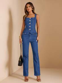 SHEIN BAE 女式口袋直筒宽松休闲百搭牛仔裤 - 中等水洗藍 - 查看 3