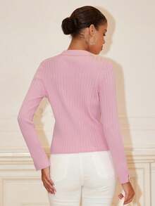 Chiquease Cárdigan casual de mujer de un solo botonadura, de unicolor y de manga larga con costillas - Rosado Sandía - Ver 2