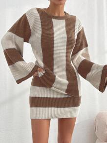 EURMUSE Women Striped Knit Design Oversize Sweater And Knit Skirt Set - Mocha Brown - View 6