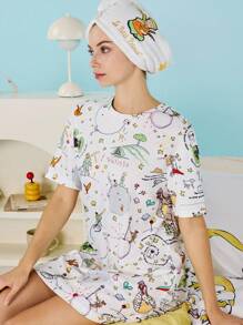 LE PETIT PRINCE X SHEIN Women's Cartoon & Planet & Fox & Rose Pattern Loose T-Shirt Nightdress, Back To School, For Fall And Winter - White - View 6