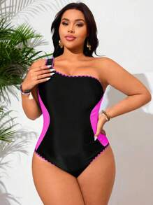 SHEIN Swim Curve Traje de baño de una pieza para mujer de talla grande, bañador casual sexy de un solo hombro para vacaciones