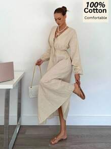 Siren Gaze Váy dài chữ A lưng thun cotton nguyên chất mới dành cho nữ - Màu be - Xem 6