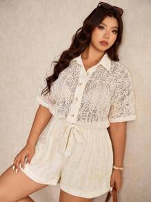 Elaquor Plus Size Solid Color Jacquard Romper, Casual Holiday,Teacher Outfits For Women