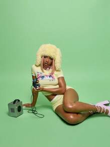 SUMWON WOMEN 两件套动漫眼睛印花短款上衣和短裤节日夏季套装，搭配 Oh No 对话泡泡卡哇伊街头服饰 - 黃色 - 查看 1