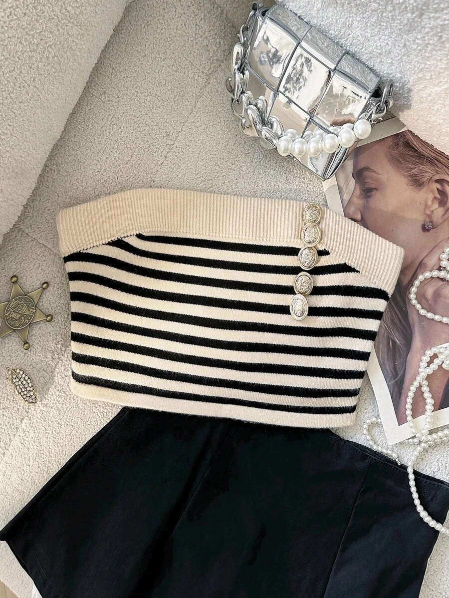 Skyraze 女士时尚条纹抹胸短款针织上衣 - 杏色 - 查看 1