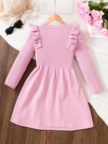 少女圆领长袖荷叶边褶皱A字休闲毛衣连衣裙，秋冬季