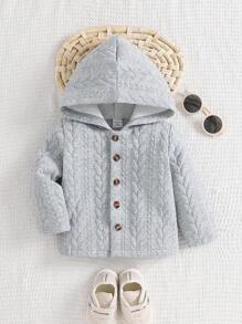 SHEIN 浅灰色男婴连帽长袖外套，绗缝设计，舒适保暖，适合秋冬季日常穿着。 - 灰色 - 查看 3