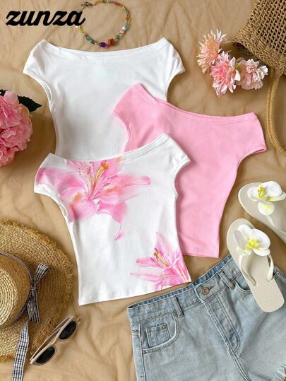 Sparklyn 3pcs Tween Girl Off Shoulder Snug Fit Vacation T-Shirts, Multi-Piece & Multi-Color