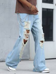 Manfinity Roghcode Men's Straight Leg Distressed Retro Flare Jeans, Emo Style - Light Wash - View 1