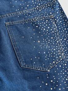 ROMWE MEN Street Life Shorts vaqueros de verano para hombres con bolsillos en diagonal y desgastados con aplicaciones de rhinestones - Azul - Ver 3
