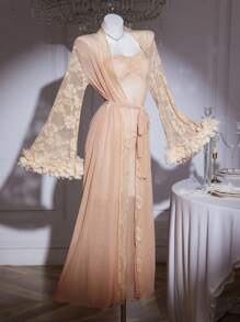 SHEIN 重磅刺绣花卉网眼拼接吊带长裙，带睡袍，女士睡衣套装