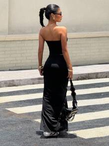 SHEIN Everyday Casual Teen Girls Long Black Polyester Mermaid Skirt With Straight Hemline