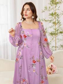 Modelyn Váy maxi voan họa tiết hoa cổ vuông tay bồng cỡ lớn cho nữ, phong cách nghỉ dưỡng lãng mạn thanh lịch - Nhiều màu - Xem 5