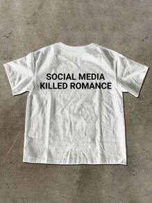 INAWLY Plus Size Women Social Media Kills Romance Slogan Printed Round Neck T-Shirt - White - View 3