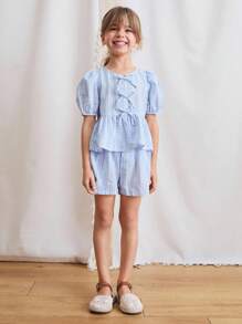 SHEIN 2pcs/Set Young Girls Casual Summer Short Sleeve Top And Shorts Set - Multicolor - View 4
