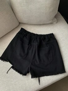 Dazy Plus 纯色牛仔不对称下摆磨边性感短裤 - 黑色 - 查看 2