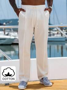 Manfinity Homme 男士棉质白色梭织直筒裤，带口袋，适合秋季休闲穿着