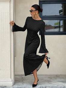 Siren Gaze 2025秋冬新款女装，情人节、新年、圣诞节、新年服装，波点连衣裙，秋季女装，适合婚礼宾客、商务休闲场合，女士圆领喇叭袖休闲波点露背连衣裙，棕色连衣裙，优雅高贵的冬季派对晚礼服，棕色 - 黑色 - 查看 4