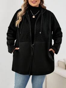SHEIN CURVE+ Plus Size Women's Black Casual Hooded Long Sleeve Jacket, Autumn Outerwearfall Clothes For Women,Winter,CURVE PLUS/Autumn /Winter - Black - View 7