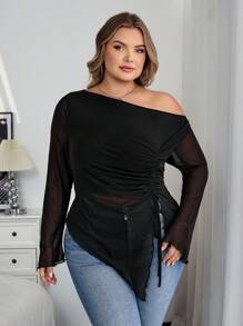 SHEIN CURVE+ Áo nữ cỡ lớn, vải lưới, dành cho quý cô mùa hè, tiệc tùng ngày lễ, thanh lịch, sinh nhật, mùa thu - màu đen - Xem 5