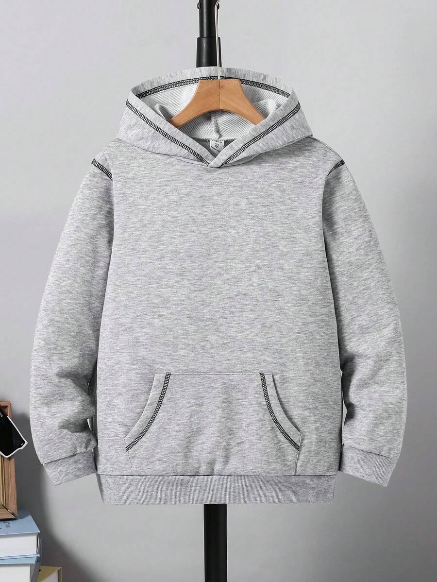 SHEIN Tween Boys' Contrast Striped Large Pocket Casual Hoodie Chic Outfits For Autumn/Winter Fall - Light Grey - View 1